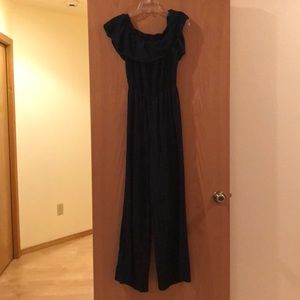 Long blue with white vertical stripes jumpsuit